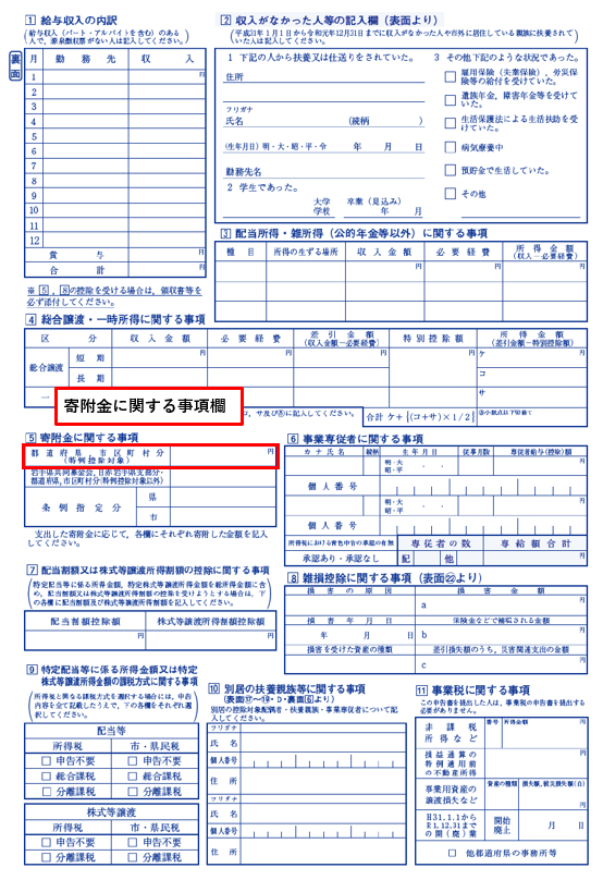 市民税・県民税申告書の記載箇所