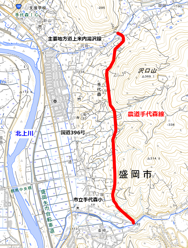 農道手代森線位置図（国土地理院地図より作成）