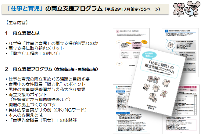 育児編の主な内容（両立支援とは、両立支援に取り組むメリット、仕事と育児の両立をめぐる課題と目指す姿、育児中女性の戦力化のポイント、男性の家事育児参画が与える大きな効果、両立支援のポイント、育児先輩職員の体験談など）