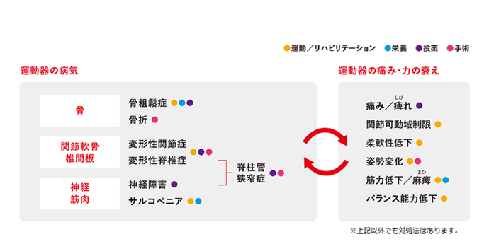 運動器の病気として具体的な疾患と運動器の痛み・衰えについての画像です。