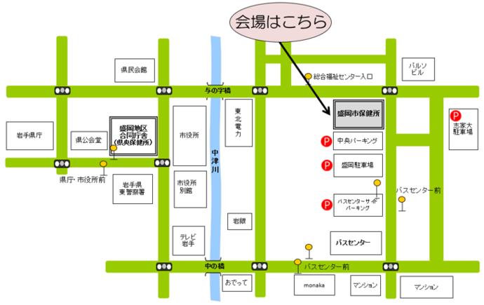 会場と周辺駐車場(有料)の地図を表示しています