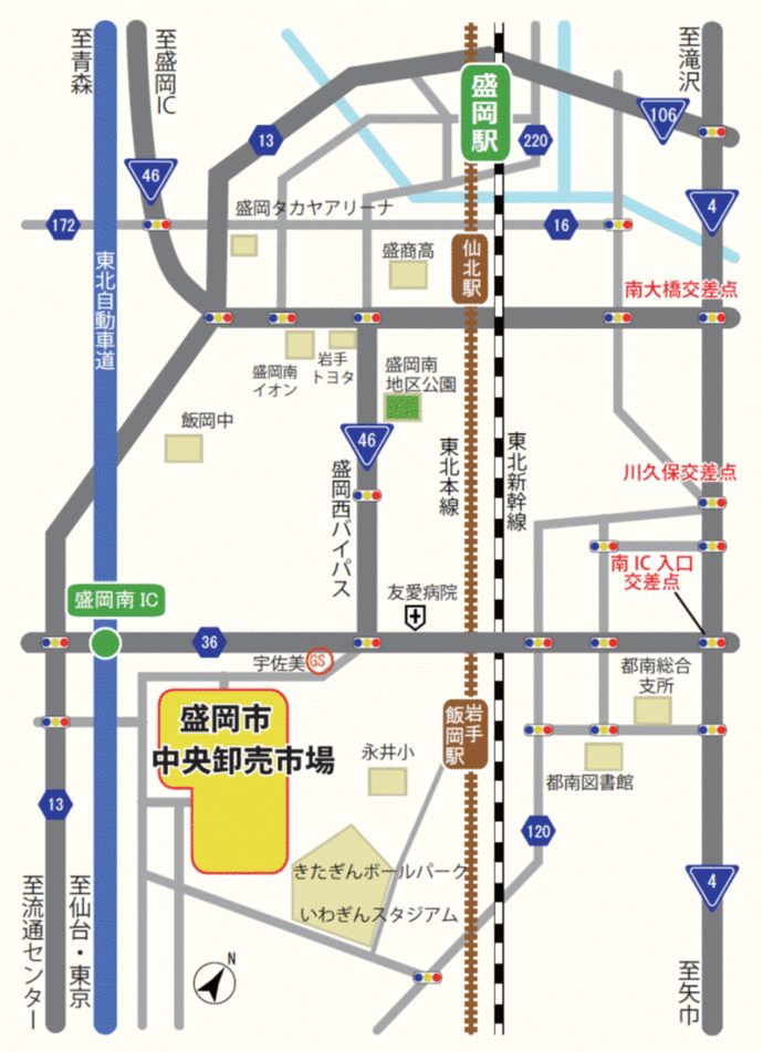 当市場は東北自動車道盛岡南インターチェンジから自動車で4分の場所にあります。