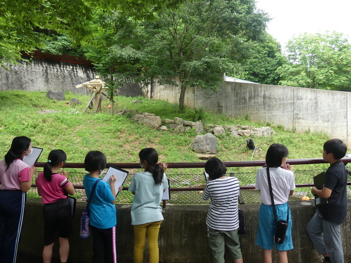 動物公園で体験学習をする子どもたち