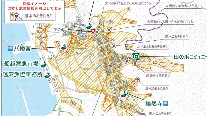  改訂する防災マップへの掲載イメージ（山田町総合防災ハザードマップ）