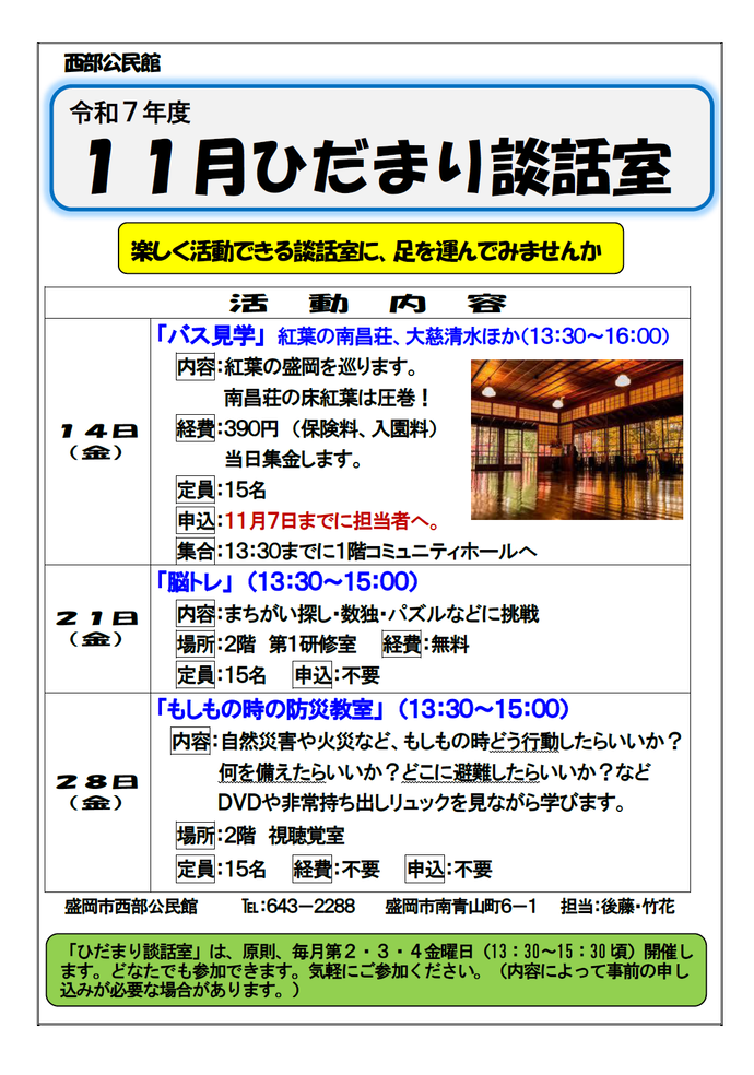 「ひだまり談話室」～11月～のチラシ