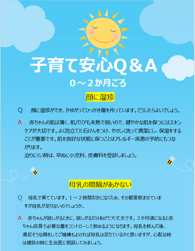 0~2か月頃 顔に湿疹 Q. 顔に湿疹ができ、かゆがってひっかき傷を作っています。どうしたらよいでしょう。 A.赤ちゃんの肌は薄く、肌バリアも未熟で弱いので、健やかな肌を保つにはスキンケアが大切です。よく泡立てた石けんをつけ、やさしく洗って清潔にし、保湿をすることが重要です。肌を良好な状態に保つことはアレルギー疾患の予防にもつながります。治りにくい時は、早めに小児科、皮膚科を受診しましょう。 母乳の間隔があかない Q .母乳で育てています。1~2時間おきに泣くため、その都度飲ませていますが母乳が足りないのでしょうか。 A .赤ちゃんが欲しがるときに、欲しがるだけあげて大丈夫です。3か月頃になると赤ちゃん自身で必要な量をコントローして飲めるようになります。母乳を飲んだ後、満足そうな顔をしてご機嫌もよければ母乳は足りているかと思いますが、心配な時は健診の時に主治医に相談してみましょう。