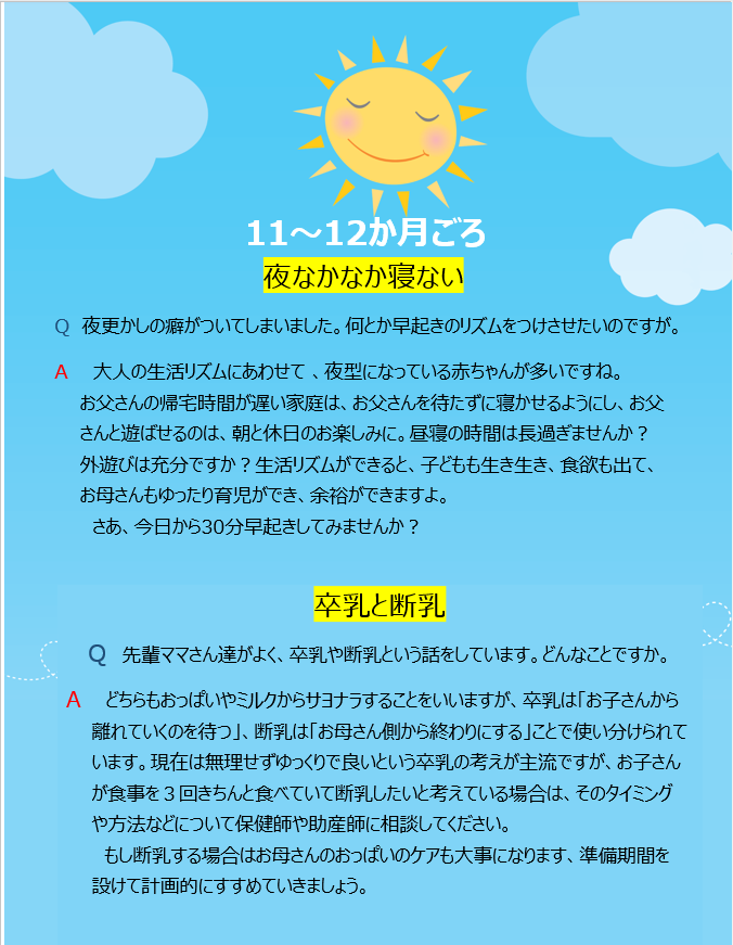11~12か月頃 夜なかなか寝ない Q 夜更かしの癖がついてしまいました。何とか早起きのリズムをつけさせたいのですが。 A 大人の生活リズムにあわせて 、夜型になっている赤ちゃんが多いですね。お父さんの帰宅時間が遅い家庭は、お父さんを待たずに寝かせるようにし、お父さんと遊ばせるのは、朝と休日のお楽しみに。昼寝の時間は長過ぎませんか?外遊びは充分ですか?生活リズムができると、子どもも生き生き、食欲も出て、お母さんもゆったり育児ができ、余裕ができますよ。さあ、今日から30分早起きしてみませんか? 卒乳と断乳 Q 先輩ママさん達がよく、卒乳や断乳という話をしています。どんなことですか。 A どちらもおっぱいやミルクからサヨナラすることをいいますが、卒乳は「お子さんから離れていくのを待つ」、断乳は「お母さん側から終わりにする」ことで使い分けられています。現在は無理せずゆっくりで良いという卒乳の考えが主流ですが、お子さんが食事を3回きちんと食べていて断乳したいと考えている場合は、そのタイミングや方法などについて保健師や助産師に相談してください。もし断乳する場合はお母さんのおっぱいのケアも大事になります、準備期間を設けて計画的にすすめていきましょう。