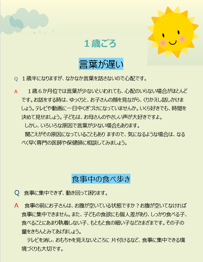 1歳頃 言葉が遅い Q 1歳半になりますが、なかなか言葉を話さないので心配です。 A 1歳6か月位では言葉が少ないといわれても、心配のいらない場合がほとんどです。お話をする時は、ゆっくりと、お子さんの顔を見ながら、くりかえし話しかけましょう。テレビや動画に一日中くぎづけになっていませんか。いくら好きでも、時間を決めて見せましょう。子どもは、お母さんのやさしい声が大好きですよ。しかし、いろいろな原因で言葉が少ない場合もあります。聞こえがその原因になっていることもあり ますので、気になるような場合は、なるべく早く専門の医師や保健師に相談してみましょう。 食事中の食べ歩き Q 食事に集中できず、動き回って困ります。 A 食事の前にお子さんは、お腹が空いている状態ですか?お腹が空いてなければ食事に集中できません。また、子どもの食欲にも個人差があり、しっかり食べる子、食べることにあまり執着しない子、もともと食の細い子などさまざまです。その子の量をきちんとみてあげましょう。テレビを消し、おもちゃを見えないところに 片付けるなど、食事に集中できる環 境づくりも大切です。
