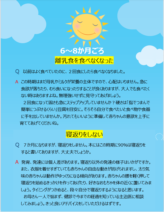 6~8か月頃 離乳食を食べなくなった Q 以前はよく食べていたのに、2回食にしたら食べなくなりました。 A この時期はまだ母乳やミルクが栄養の主体ですので、心配はいりません。急に食欲が落ちたり、むら食いになったりすることが良くありますが、大人でも食べたくない時はありますよね。無理強いせずに見守ってあげましょう。2回食になって固さも急にステップアップしていませんか?硬さは「指でつまんで 簡単につぶせるくらい」豆腐を目安に。そろそろ自分で食べたいと食べ物や食器 に手を出していませんか。汚れてもいいように準備して赤ちゃんの意欲を上手に育ててあげてくださいね。 寝返りをしない Q 7か月になりますが、寝返りをしません。本にはこの時期に90%は寝返りをすると書いてありますが、大丈夫でしょうか。 A 発育、発達には個人差があります。寝返り以外の発達の様子はいかがですか。また、衣服を着せすぎていても赤ちゃんの自由な動きが妨げられますし、太り気味の赤ちゃんは動作がゆっくりになる傾向があります。赤ちゃんの腰を軽く押して寝返りを始めるきっかけを作ってあげたり、好きなおもちゃを体の近くに置いてみましょう。タイミングがつかめると、段々自分で寝返りするようになると思います。お母さん一人で悩まず、健診で今までの経過を知っている主治医に相談してみましょう。きっと良いアドバイスをしていただけるはずです。