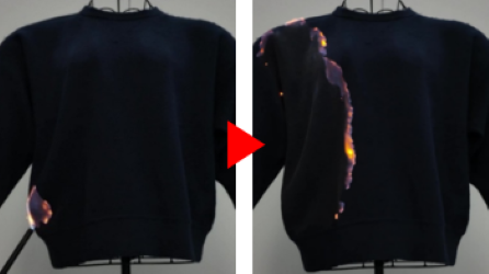 着衣着火後、約1秒後に表面フラッシュ現象で炎が広がっている様子