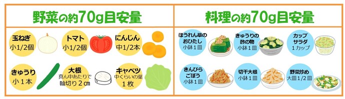 野菜及び料理の約70gの目安量