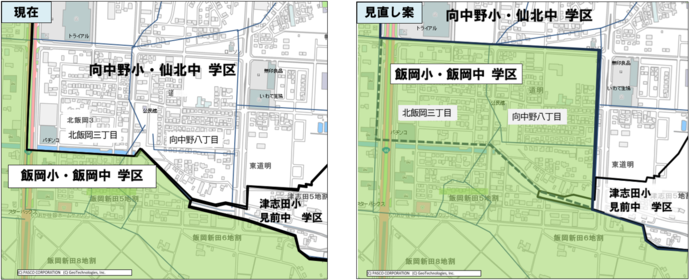 対象地域の学区（左図：現在・右図：見直し案）